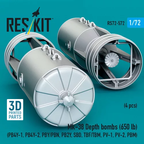 ResKit Models Mk-38 Depth bombs (650 lb) (4 pcs) (PB4Y-1, PB4Y-2, PBY/PBN, PB2Y, SBD, TBF/TBM, PV-1, PV-2, PBM) (3D Printed) - Mk-38 – mélységi bombák, 650 fontos, 4 db