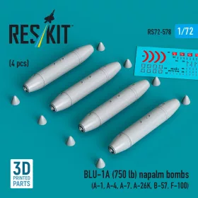   ResKit Models BLU-1A (750 lb) napalm bombs (4 pcs) (A-1, A-4, A-7, A-26K, B-57, F-100) (3D Printed) - BLU-1A (750 lb) napalm – bombák, 750 fontos, 4 db