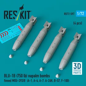   ResKit Models BLU-1B (750lb) napalm bombs finned MXU-393/B (4 pcs) (A-1, A-4, A-7, A-26K, B-57, F-100) (3D Printed) - bombák, 750 fontos, 4 db