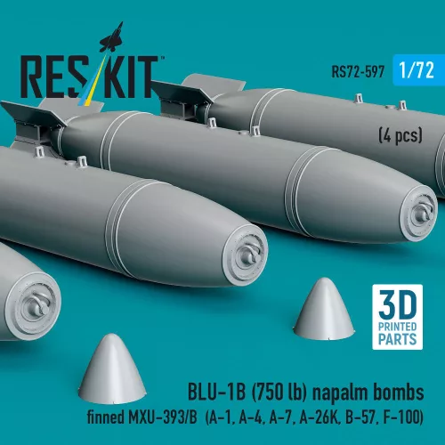 ResKit Models BLU-1B (750lb) napalm bombs finned MXU-393/B (4 pcs) (A-1, A-4, A-7, A-26K, B-57, F-100) (3D Printed) - bombák, 750 fontos, 4 db