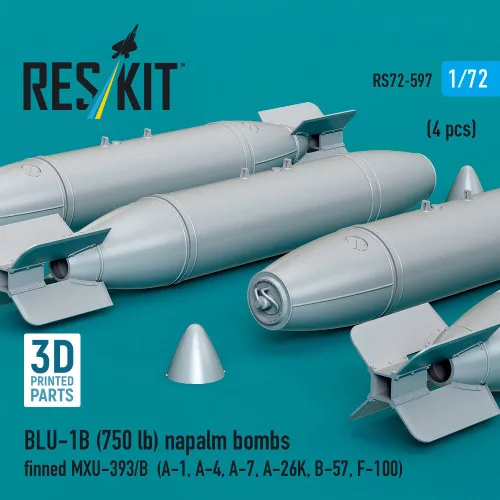 ResKit Models BLU-1B (750lb) napalm bombs finned MXU-393/B (4 pcs) (A-1, A-4, A-7, A-26K, B-57, F-100) (3D Printed) - bombák, 750 fontos, 4 db
