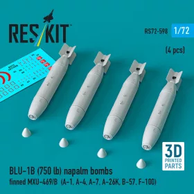   ResKit Models BLU-1B (750lb) napalm bombs finned MXU-469/B (4 pcs) (A-1, A-4, A-7, A-26K, B-57, F-100) (3D Printed) - bombák, 750 fontos, 4 db