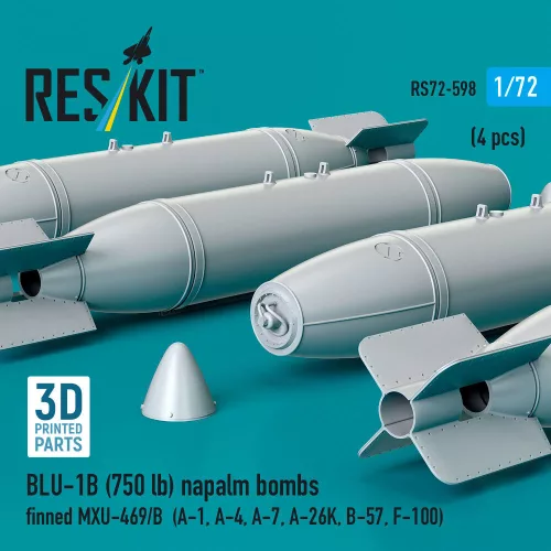 ResKit Models BLU-1B (750lb) napalm bombs finned MXU-469/B (4 pcs) (A-1, A-4, A-7, A-26K, B-57, F-100) (3D Printed) - bombák, 750 fontos, 4 db