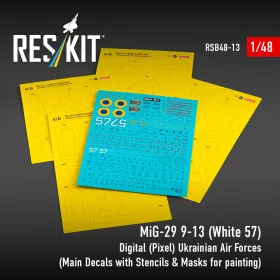   ResKit Models MiG-29 9-13 (fehér 57) digitális (pixel) festés Ukrán Légierő (fő matricakészlet stencil- és adatfeliratokkal, valamint festőmaszkokkal 4 db)