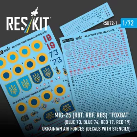   ResKit Models MiG-25RBT, RBF, RBS Foxbat (kék 73, kék 74, piros 17, piros 19) Ukrán Légierő (matricakészlet stencil- és adatfeliratokkal)