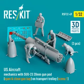   ResKit Models US Aircraft mechanics with SUU-23 20mm gun pod (open & close gun bay) on transport trolley (scene 1) (3 pcs) – 1:32 figura makett