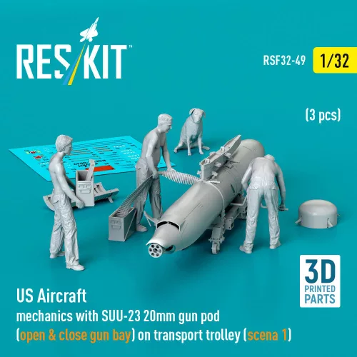 ResKit Models US Aircraft mechanics with SUU-23 20mm gun pod (open & close gun bay) on transport trolley (scene 1) (3 pcs) – 1:32 figura makett