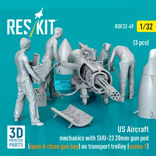 ResKit Models US Aircraft mechanics with SUU-23 20mm gun pod (open & close gun bay) on transport trolley (scene 1) (3 pcs) – 1:32 figura makett
