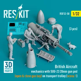   ResKit Models British Aircraft mechanics with SUU-23 20mm gun pod (open & close gun bay) on on transport trolley (scene 1) (3 pcs) – 1:32 figura makett