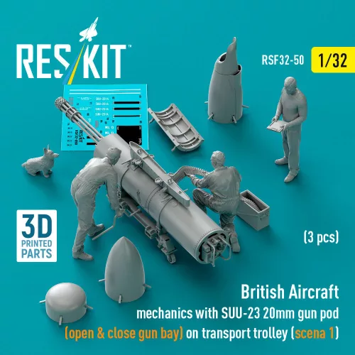 ResKit Models British Aircraft mechanics with SUU-23 20mm gun pod (open & close gun bay) on on transport trolley (scene 1) (3 pcs) – 1:32 figura makett