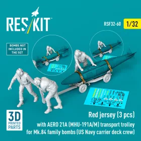   ResKit Models Red jerseys (3 pcs) with AERO 21A (MHU-191A/M) transport trolley for Mk.84 family bombs (US Navy carrier deck crew) – 1:32 figura makett