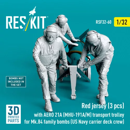 ResKit Models Red jerseys (3 pcs) with AERO 21A (MHU-191A/M) transport trolley for Mk.84 family bombs (US Navy carrier deck crew) – 1:32 figura makett