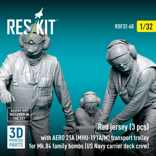 ResKit Models Red jerseys (3 pcs) with AERO 21A (MHU-191A/M) transport trolley for Mk.84 family bombs (US Navy carrier deck crew) – 1:32 figura makett