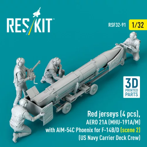 ResKit Models Red jerseys (4 pcs), AERO 21A (MHU-191A/M) with AIM-54C Phoenix for F-14B/D (scene 2) (US Navy Carrier Deck Crew) – 1:32 figura makett