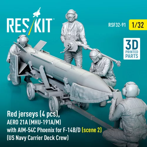 ResKit Models Red jerseys (4 pcs), AERO 21A (MHU-191A/M) with AIM-54C Phoenix for F-14B/D (scene 2) (US Navy Carrier Deck Crew) – 1:32 figura makett