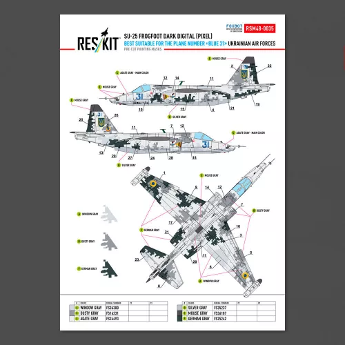 ResKit Models Su-25 Frogfoot sötét digitális (pixel) festés (elsősorban a kék 31 géphez) Ukrán Légierő (előre kivágott festőmaszk-készlet )