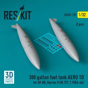   ResKit Models 300 gallon fuel tank AERO 1D for AV-8B, Harrier II GR.7/9, T.10 (2 pcs) (3D Printed) - AV-8B, Harrier II GR.7/9, T.10 – 300 gallonos üzemanyag-póttartály, 2 db