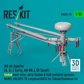   ResKit Models AH-64 Apache (A, D, E korai, AH Mk.I, DI Saraf) – behajtott főrotor, korai rotorlapátokkal, Takom / Snowman maketthez
