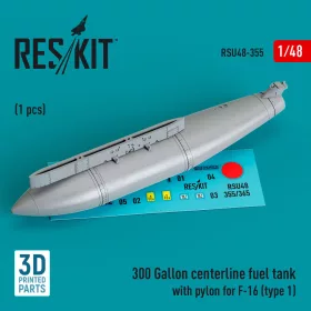   ResKit Models F-16 (A/B/C/D/E/F/I) (1. típus) – 300 gallonos törzs alatti üzemanyag-póttartály pilonnal, 1 db