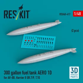  ResKit Models 300 gallon fuel tank AERO 1D for AV-8B, Harrier II GR.7/9, T.10 (2 pcs) (3D Printed) - AV-8B, Harrier II GR.7/9, T.10 – 300 gallonos üzemanyag-póttartály, 2 db