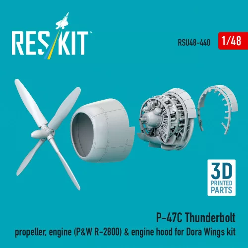 ResKit Models P-47C Thunderbolt propeller, engine (P&W R-2800) & engine hood (3D Printed) for Dora Wings - légcsavar, motor, motorburkolat