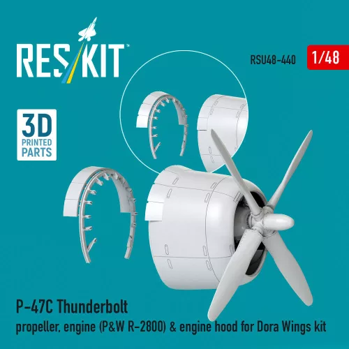 ResKit Models P-47C Thunderbolt propeller, engine (P&W R-2800) & engine hood (3D Printed) for Dora Wings - légcsavar, motor, motorburkolat