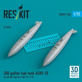   ResKit Models 300 gallon fuel tank AERO 1D for AV-8B, Harrier II GR.7/9, T.10 (2 pcs) (3D Printed) - AV-8B, Harrier II GR.7/9, T.10 – 300 gallonos üzemanyag-póttartály, 2 db