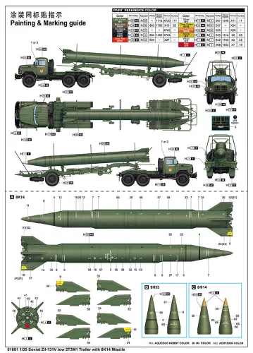 Trumpeter szovjet ZIL-131V + 2T3M1 pótkocsi + 8K14 rakéta – 1:35 rakéta-/légvédelmi rendszer makett