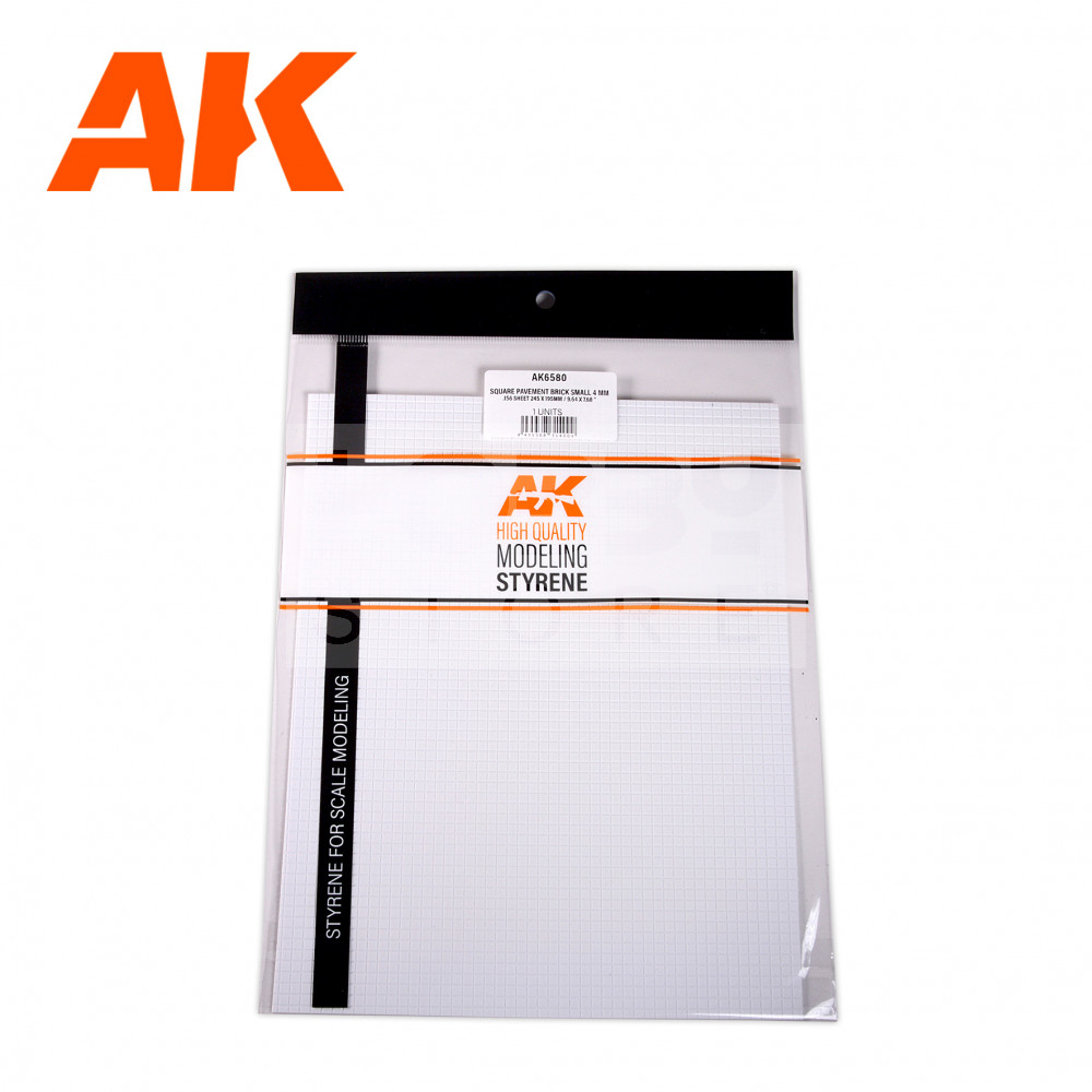 AK-Interactive - Square Pavement Brick Small 4 MM / .156 Sheet 245 x 195mm / 9.64 x 7.68 “ TEXTURED STYRENE SHEET – 1 Unit sztirol kockás lap AK6580