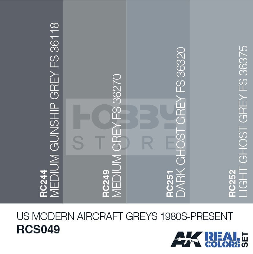 AK Interactive - REAL COLORS US MODERN AIRCRAFT GREYS 1980S-PRESENT - festékszett RCS049