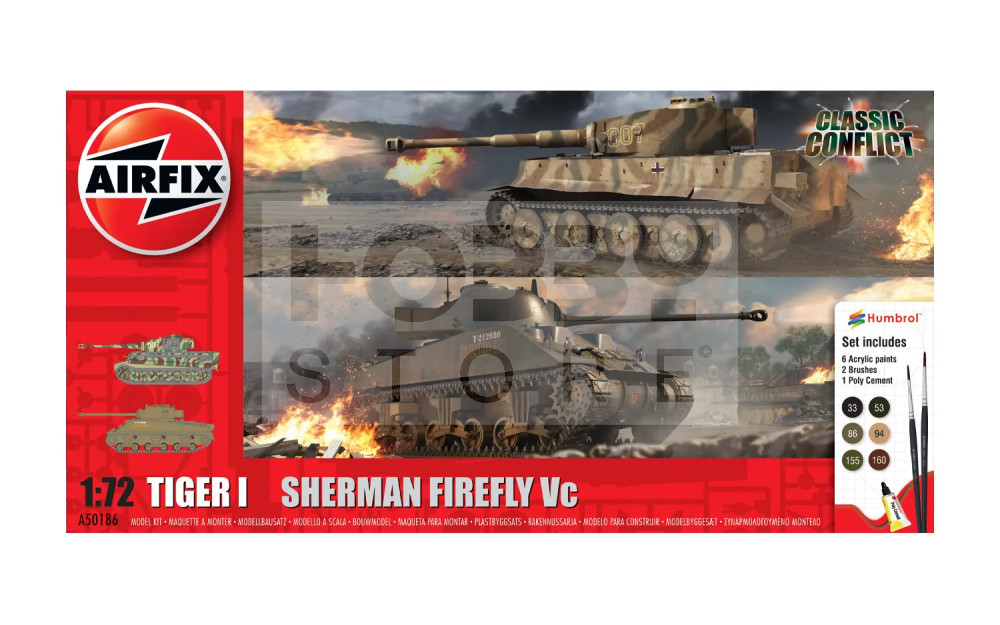 Airfix - Starter Set - Classic Conflict Tiger 1 vs Sherman Firefly harcjármű makett 1:72 (A50186)